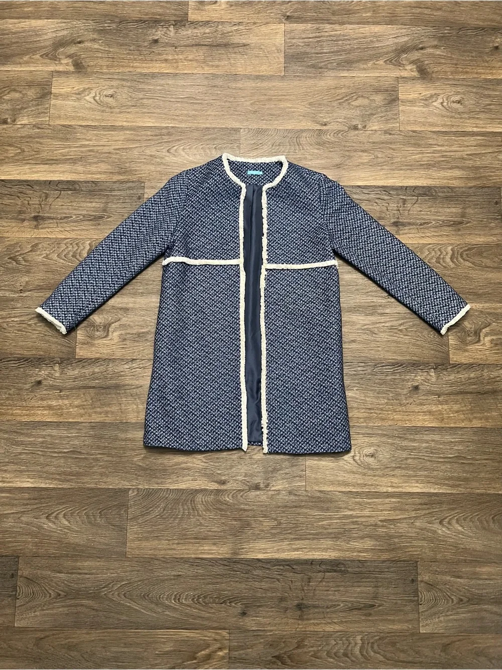 J. McLaughlin Tweed Fringe Trim Jacket Size XS Blue White Mid Length